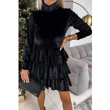 Black Velvet High Neck Tiered Ruffle Mini Dress