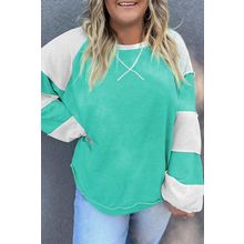Aruba Blue Colorblock Patchwork Cross Seam Plus Sweatshirt