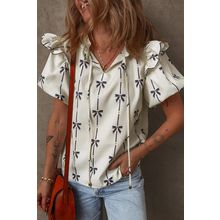 Beige Bow Printed Ruffled Bubble Sleeve Tied Notched V Neck Blouse