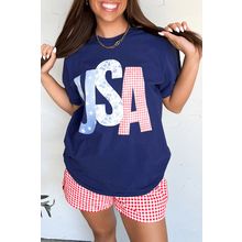 Blue USA Graphic July 4th Crew Neck T Shirt