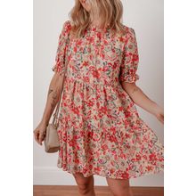 Multicolour Floral Print Frilled Neck Puff Sleeve High Waist Dress