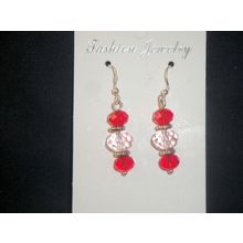 Elegant red over pink crystal glass short drop 925 hook earrings