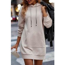 Parchment Drawstring Kangaroo Pocket Quilted Hooded Dress