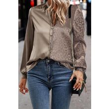 Light French Beige Contrast Half Leopard Jacquard Satin Blouse