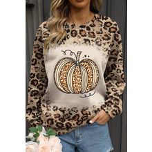 Brown Bleached Halloween Pumpkin Leopard Print Sweatshirt