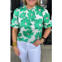 Green Floral Puff Sleeve Frill Neckline Blouse