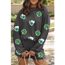 Carbon Grey Lucky Clover Beer Sequin Patched Graphic Corded 2pcs Outfit