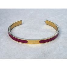Gold Tone Cuff Bracelet with Deep Pink Enamel, Minimalist Adjustable Bangle