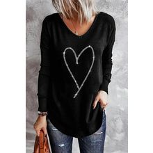 Black Rhinestone Heart Shaped V Neck Long Sleeve Top