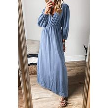 Myosotis Chambray Deep V Neck Bracelet Sleeve Maxi Dress