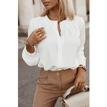 White Crew Neck Gathered Stretch Cuff Shirt
