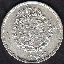 1950 Sweden 1 Krona Silver Coin