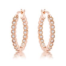 Rose Gold Plated Dotted Clear CZ Round Bezel Hoop Earrings