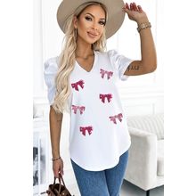 White Sequin Bow Patched Puff Sleeve T Shirt