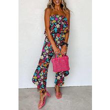 Red Mix Tropical Print Strapless Ruffled Jumpsuit