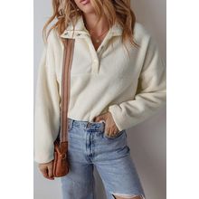 White Fleece Placket Turn-down Collar Drop Shoulder Sweatshirt