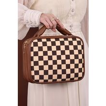 Black Checkered Multiple Compartments PU Leather Cosmetic Bag