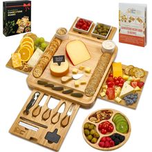 Large Bamboo Charcuterie Boards Gift Set with 4 Hidden Drawers, Cheese Knives, C