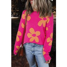 Rose Big Flower Pattern Mock Neck Long Sleeve Sweater