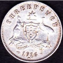 1916 M Australia 1 Threepence Silver Coin