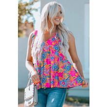 Rose Red Boho Pattern Print Flounce V Neck Tank Top