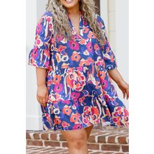 Blue Plus Size Floral Print Ruffled 3/4 Sleeve Mini Dress