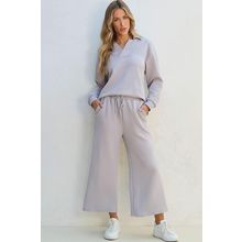 Light Grey Solid Textured Collared V Neck Top and Wide Leg Pants Set