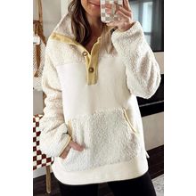 Beige Fleece Colorblock Trim Buttons Collar Sweatshirt with Pocket
