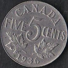 1936 Canada 5 Cents Coin