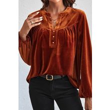 Gold Flame Lantern Sleeve Beaded Split V Neck Velvet Top