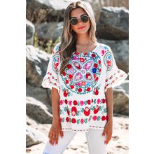 White Boho Floral Print Round Neck Ruffle Trim Blouse