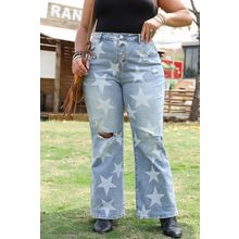 Sky Blue Star Printed Multi Buttons Slit Knee Destroyed Plus Size Jeans
