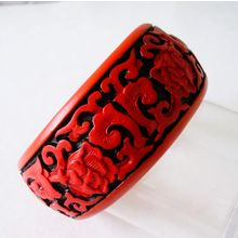 Vintage Cinnabar Bangle Chinese Carved Flowers Red & Black Lacquer Bracelet
