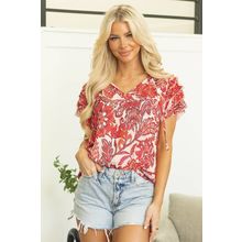 Red Vintage Floral Ruffle Sleeve V Neck Blouse