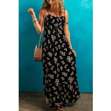 Black Floral Spaghetti Strap Shirred Bodice Tied Empire Waist Maxi Dress