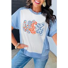 Sky Blue Star Plaid Flower USA Graphic Color Block Crewneck T Shirt