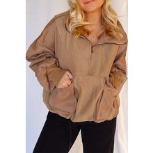 Camel Exposed Seam Side Pockets Half Zipper Baggy Sweatshirt