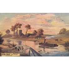 Ditton Church From The River Antique Cambridge Oilette Sunset Painting Postcard