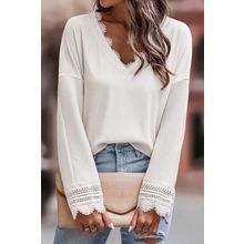 White Ribbed Texture Lace Trim V Neck Long Sleeve Top