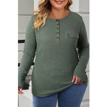 Mist Green Plus Size Snap Button Henley Top