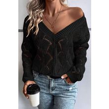 Black Hollow Out Knit V Neck Drop Shoulder Sweater