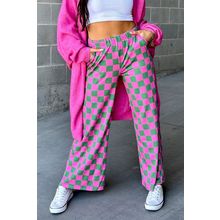 Green 2-Tone Checked Print High Waist Wide Leg Pants