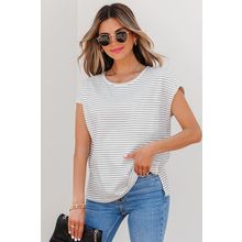 White Stripe Cap Sleeve Crew Neck Casual Tee with Chest Pocket