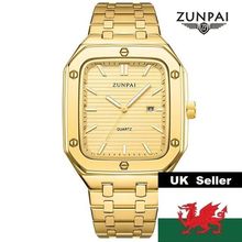Gents Large Heavy Square Gold Face Date Gold Stainless Steel Bracelet Watch Boxd