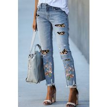 Sky Blue Printed Patch Ripped Skinny Jeans