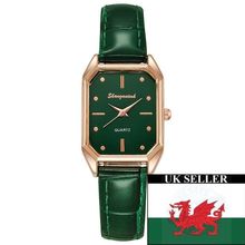 Ladies Green Rectangle Face Steel Back Rose Gold Case Green Leather Strap Watch