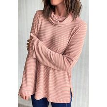 Pink Stripe Cowl Neck Side Slits Loose Fit Long Sleeve Top