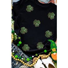 Black Sequin Leopard Clover Graphic Crewneck St Patrick Tee