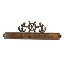 Pack Of 2] Antique Brass Ship Happens Sign with Ship Wheel and Anchors 12""