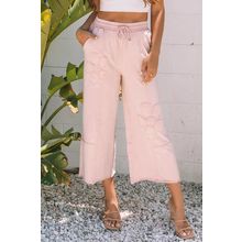 Pink Flower Patch Mineral Washed Terry Knit Cropped Wide Leg Pants